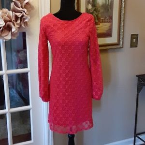 Love Fire deep coral pink lace long sleeve dress Fully lined Scoop back …Med EUC